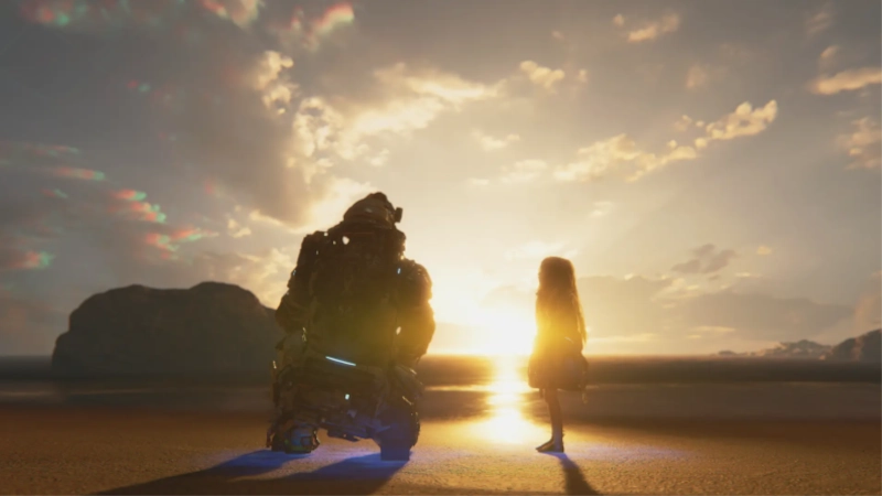 Hugh e Diana observando o pôr do sol em cena cinematográfica de Pragmata
